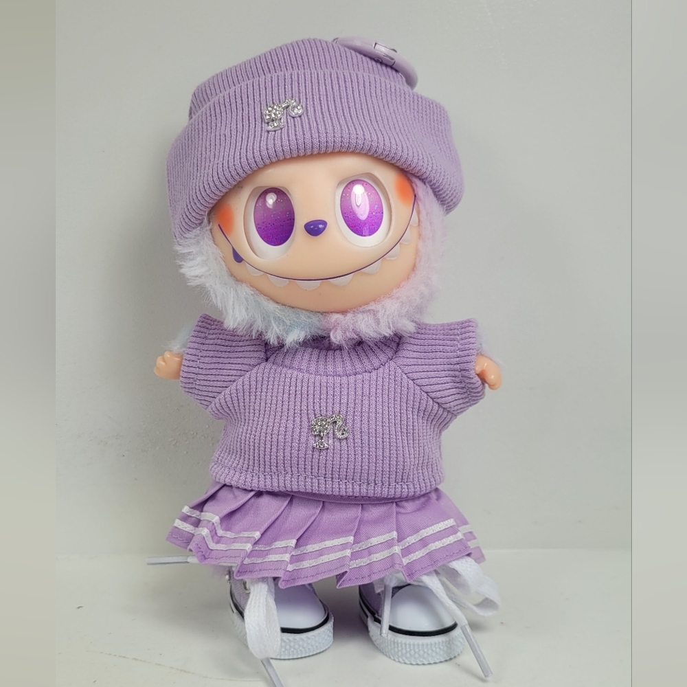 Labubu Barbie Purple Knit Top, Beanie, Skirt and Shoes Rhinestones  No Doll
